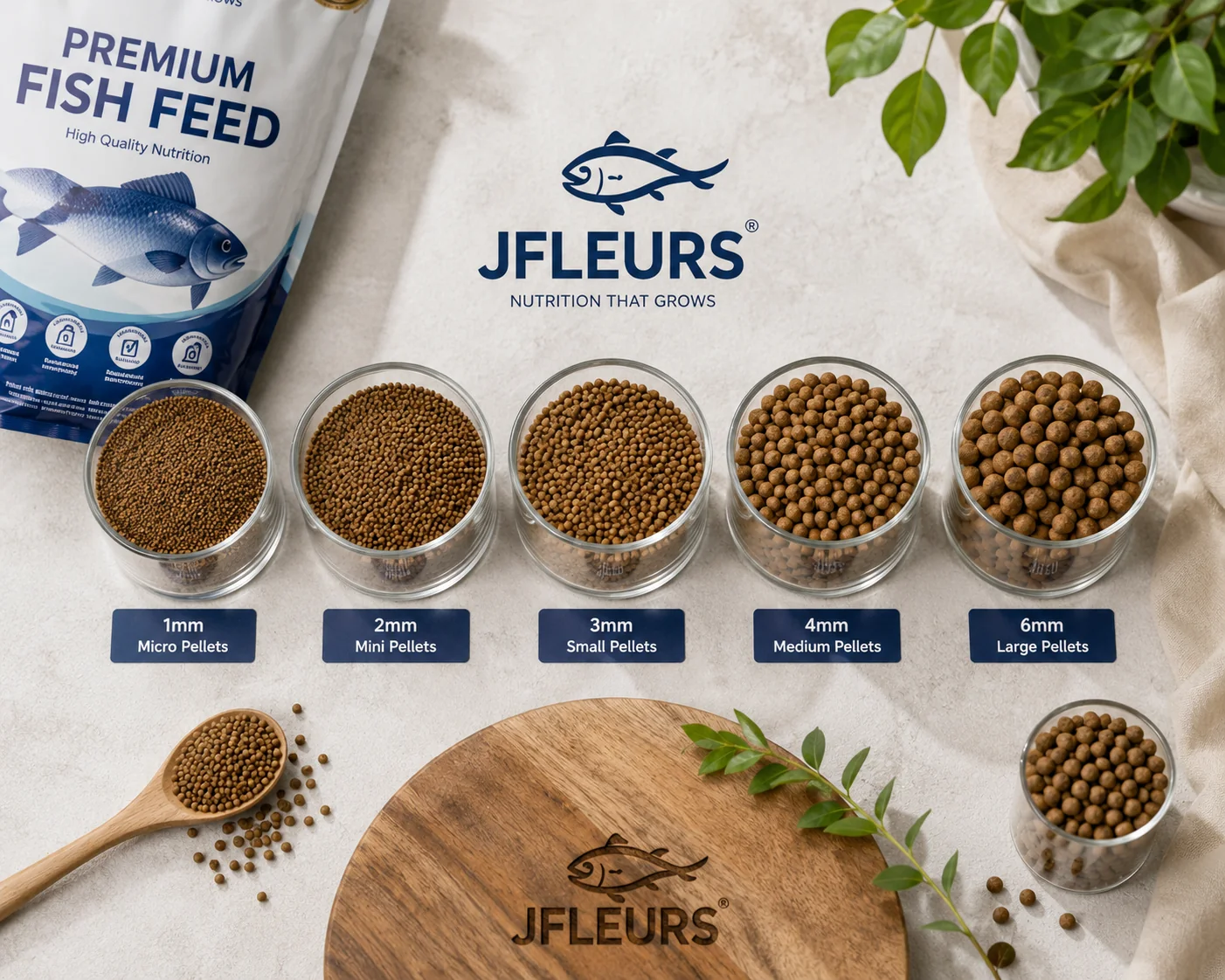 JFLEURS fish feed pellets in different sizes